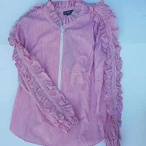 Greysn Red and White Ruffled Striped Shirt